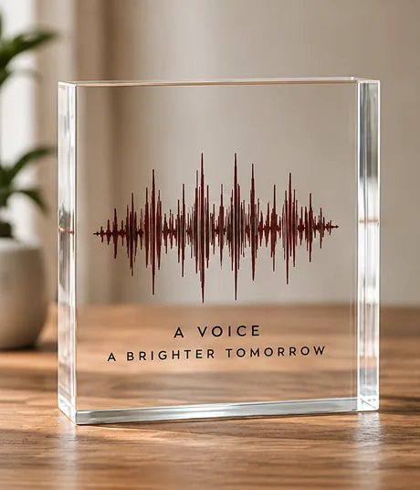 A clear acrylic memorial block printed with a soundwave glyph and the words “A voice, a brighter tomorrow”.