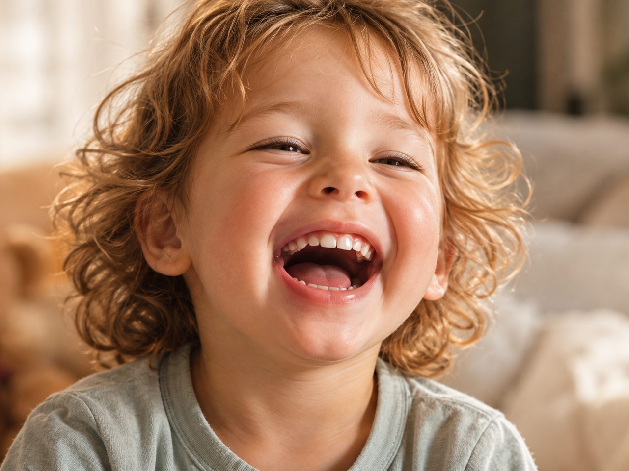 A small child laughing with their eyes shut.